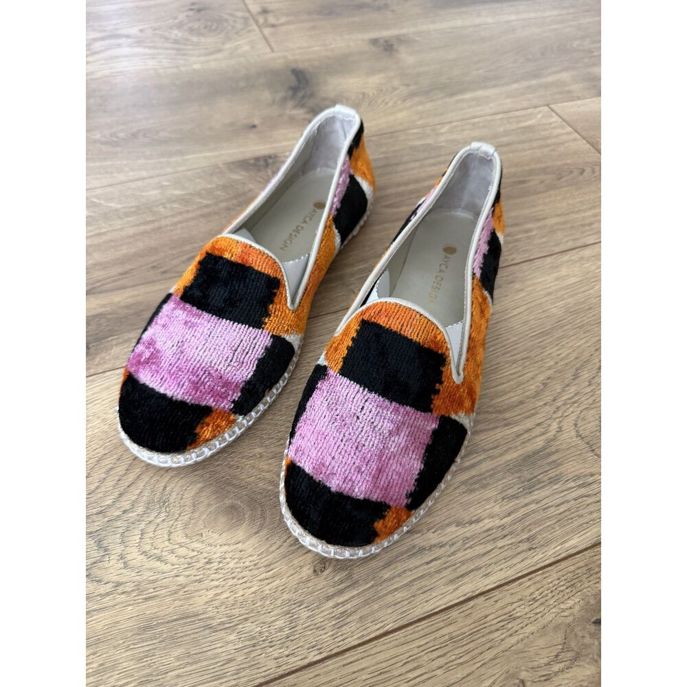 AYCA DESIGN 9 Plaid round toe flat kilim loafer Silk Velvet Checkered Shoe
